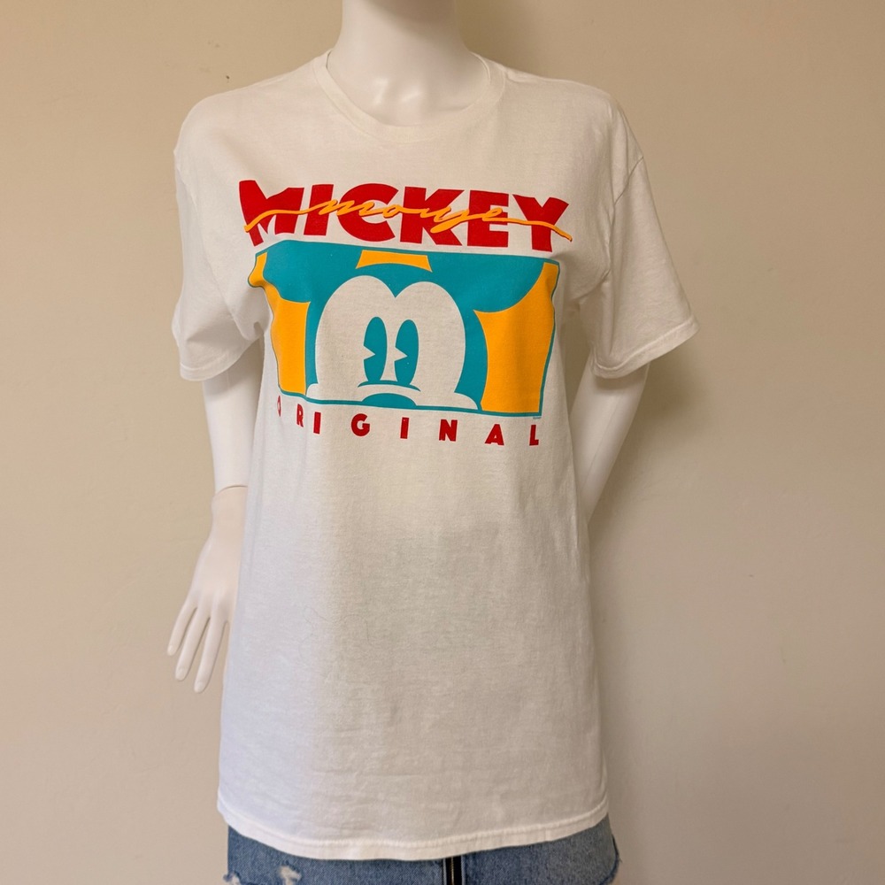 Disney Mickey Mouse Original Women's Graphic Tee White Retro 90s Style Shirt M‎